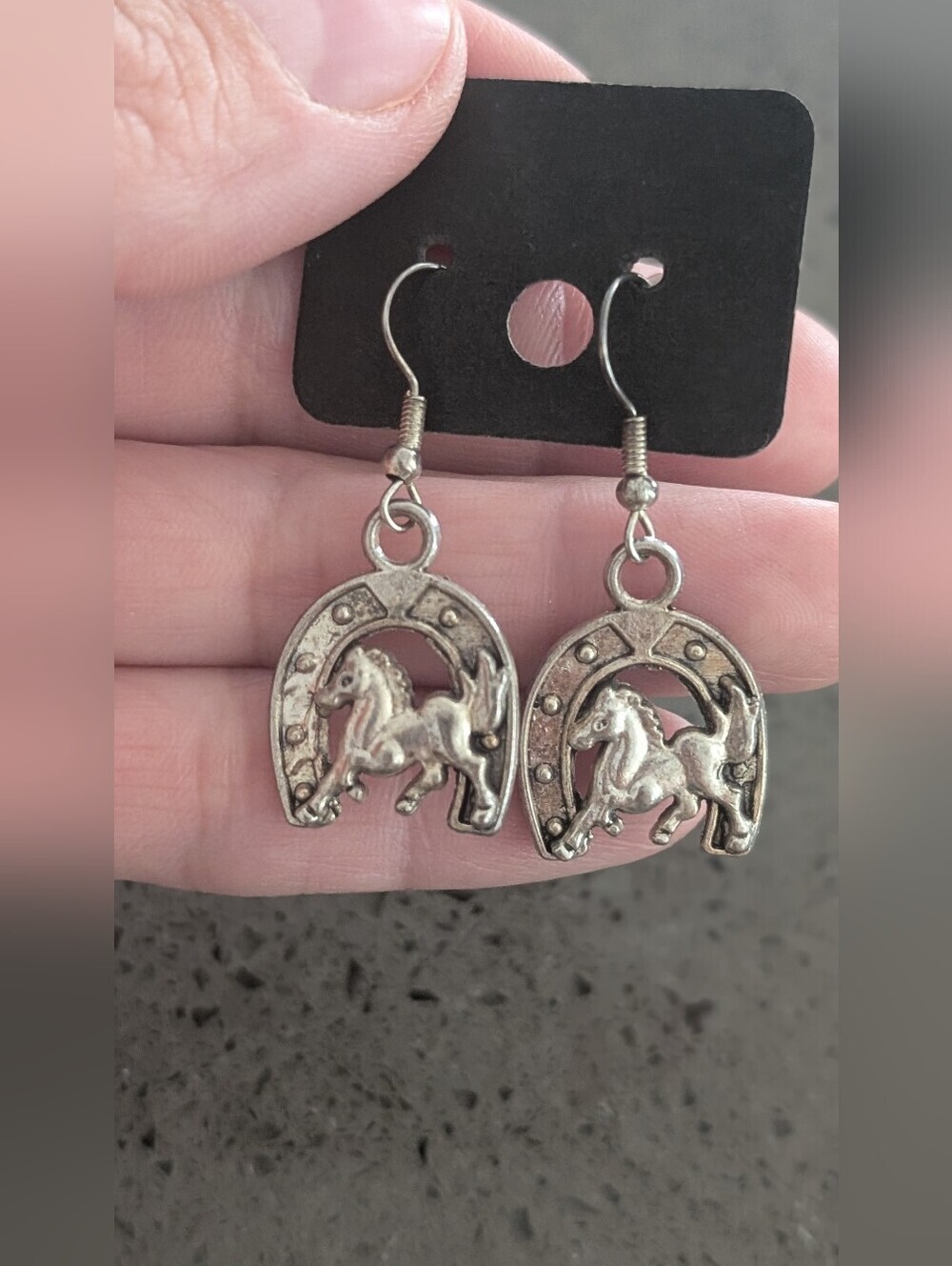 Fashion Jewelry Silver Horse & Horseshoe Dangle Earrings